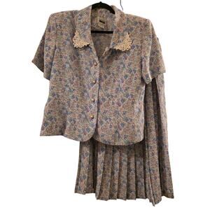 Vtg 80s Floral Print  Two Piece Skirt Set  Peter Pan Collar Ornate Buttons 16